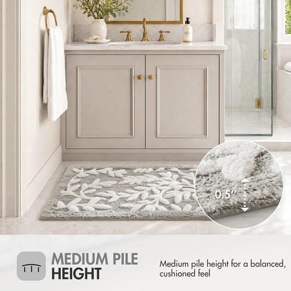 Madison Park Serene Tufted Bath Rug Cotton Absorbent, Round, Grey | Quick Dry, Soft Pile, Machine Washable, Floral Pattern, Plush, OEKO-TEX Certified