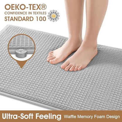 Memory Foam Bath Mat, Ultra Soft Absorbent Waffle Bathroom Rugs, Super Non-Slip PVC Backing Bath Rug Quick Dry, Machine Washable Rug for Tub, Shower, Home Decor Accessory, 24" x 17", Light Gray