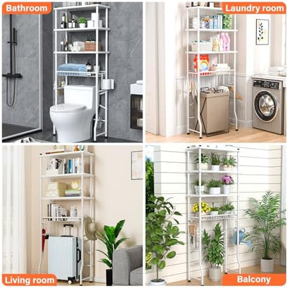 Over the Toilet Storage shelf, 4-Tier Bathroom Organizer Rack, Easy To Install with Adjustable Feet Pad and Basket Freestanding Bathroom Shelves Above Toilet, Space Saver Toilet Storage Cabinet(White)