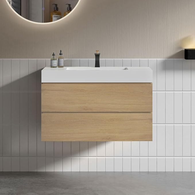 36" Floating Bathroom Vanity with Sink, Modern Bathroom Cabinet with Top and Soft Close Drawers, Spacious Storage for Small Space, Natural Oak - Lavanda Collection