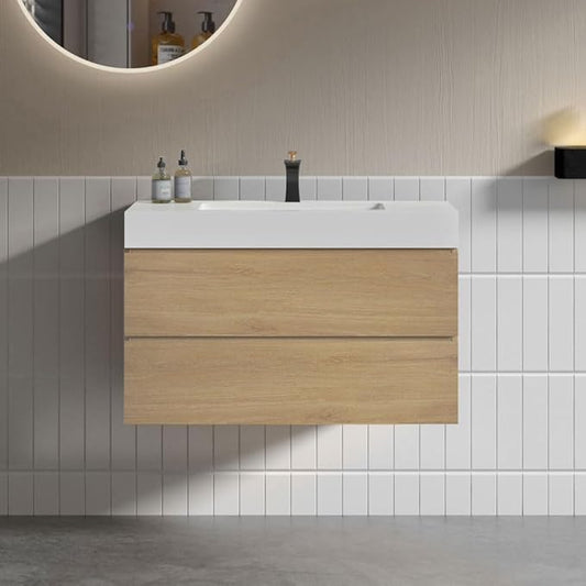 36" Floating Bathroom Vanity with Sink, Modern Bathroom Cabinet with Top and Soft Close Drawers, Spacious Storage for Small Space, Natural Oak - Lavanda Collection