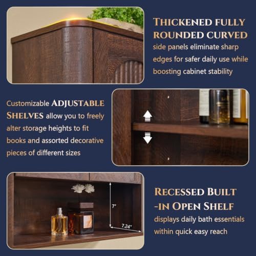 Bathroom Fluted Arched Wall Cabinet Set 2, 23.6''W Medicine Cabinet, Brown