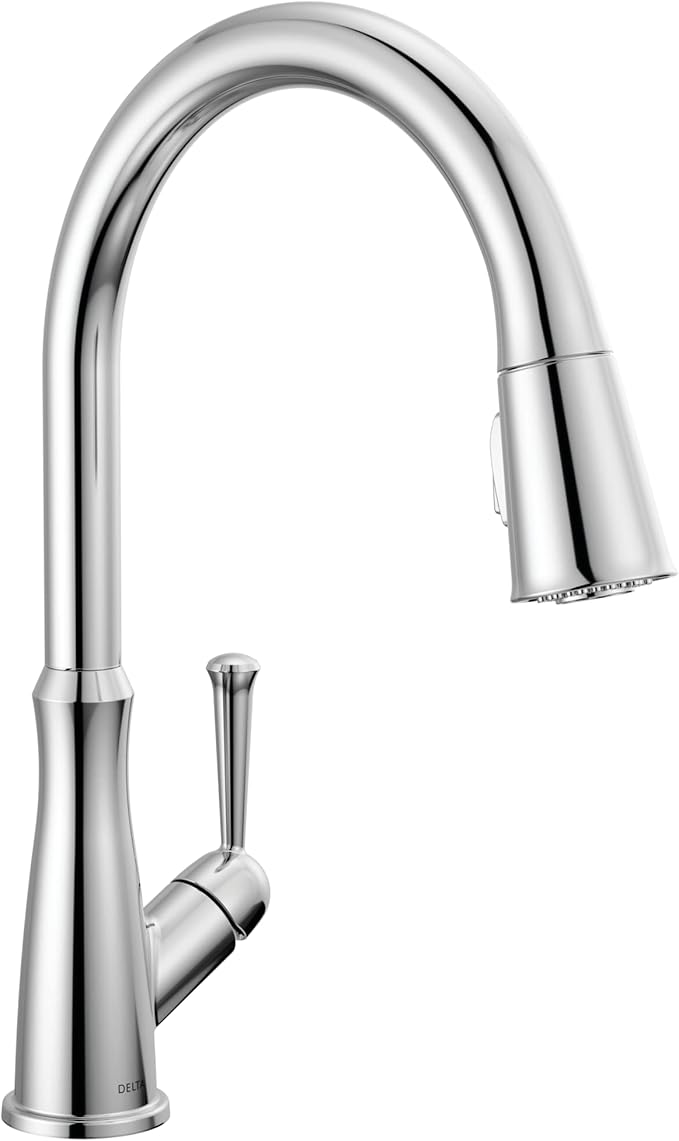 Delta Westville Chrome Kitchen Faucet with Pull Down Sprayer, Contemporary Single Hole Kitchen Sink Faucet, Single Handle, Chrome 9110-DST