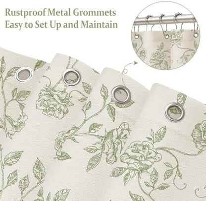 MitoVilla Sage Green Floral Shower Curtain, Farmhouse Poly-Cotton, 72x72