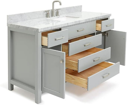 Alenza 60 Inch Bathroom Vanity Single Sink — Grey Bathroom Vanity with Sink, 1.5" Edge Italian Carrara Marble Countertop & Backsplash, 2 Soft-Close Doors, 5 Dovetail Drawers