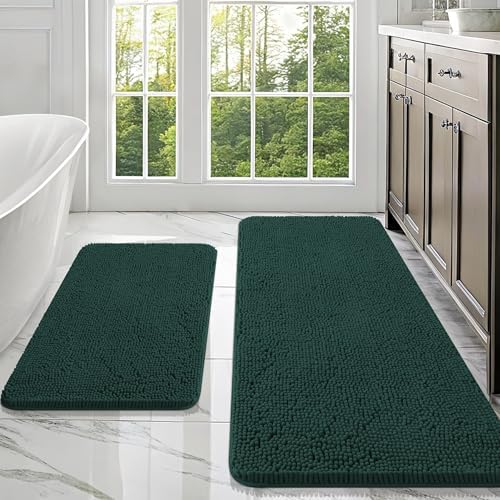 OLANLY Chenille Bathroom Rugs Sets 2 Piece, 47"x20"+30"x20", Blackish Green
