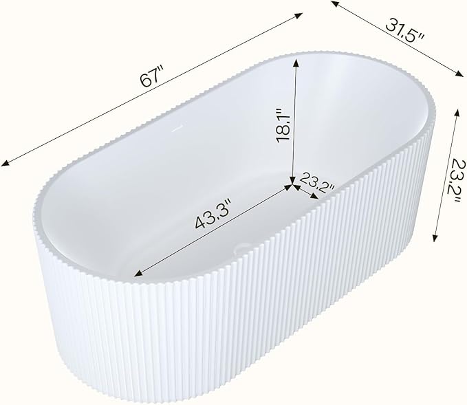 67 Inch Acrylic Freestanding Bathtub, Deep Soaking Tub with Non-Slip Base, cUPC Certified Free Standing Tub, Chrome Drain Bath Tub, Modern Tub for Bathrooms, White