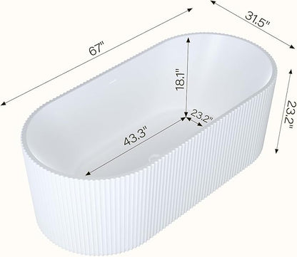67 Inch Acrylic Freestanding Bathtub, Deep Soaking Tub with Non-Slip Base, cUPC Certified Free Standing Tub, Chrome Drain Bath Tub, Modern Tub for Bathrooms, White