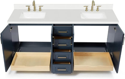 DKB Emilia 72 Inch Bathroom Vanity Double Sink — Midnight Blue Bathroom Vanity with Sink, 1.5" Edge Pure White Quartz Countertop & Backsplash, 4 Soft-Close Doors, and 6 Dovetail Drawers
