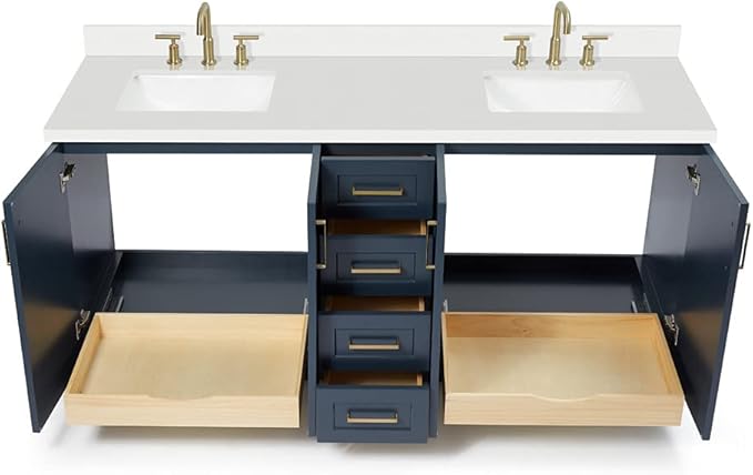 ARIEL Taylor 72-inch Bathroom Vanity with Sink,Solid Wood, 1.5-inch Pure White Quartz Countertop, Double Rectangular Porcelain Sink, 4 Soft Closing Doors, 6 Dovetail Drawers, Midnight Blue