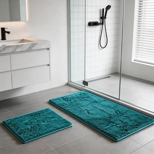 Teal Blue Bathroom Rugs Bath Mats for Bathroom Chenillen Bath Rug Set 2 Piece Non-Slip Bath Mats, Absorbent Shaggy Rugs, Machine Wash, Perfect Plush Bathroom Mats, Batroom Carpets Set