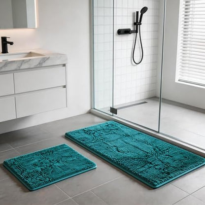 Teal Blue Bathroom Rugs Bath Mats for Bathroom Chenillen Bath Rug Set 2 Piece Non-Slip Bath Mats, Absorbent Shaggy Rugs, Machine Wash, Perfect Plush Bathroom Mats, Batroom Carpets Set