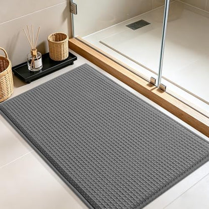 Memory Foam Bath Mat, Ultra Soft Absorbent Waffle Bathroom Rugs, Super Non-Slip PVC Backing Bath Rug Quick Dry, Machine Washable Rug for Tub, Shower, Home Decor Accessory, 24" x 17", Dark Gray