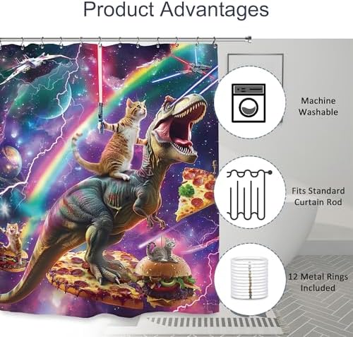 Funny Dinosaur Cat Shower Curtain 60Wx72L Inch Cool Kids Boys Galaxy Space Universe Hilarious Animal Bathroom Set Accessories Decor with 12 Pack Hooks