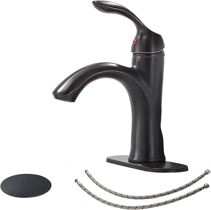 BWE Bathroom Sink Faucet with Drain Assembly with Overflow and Supply Line Single Handle Oil Rubbed Bronze Single Hole Lavatory Basin Mix Tap