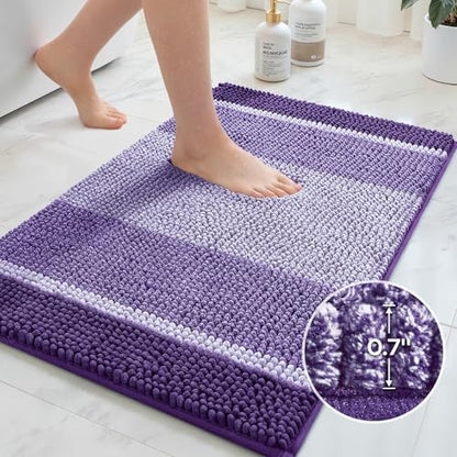 HOMEIDEAS Purple Bathroom Rugs Set of 2, Striped Chenille, 20"x32"+17"x24"