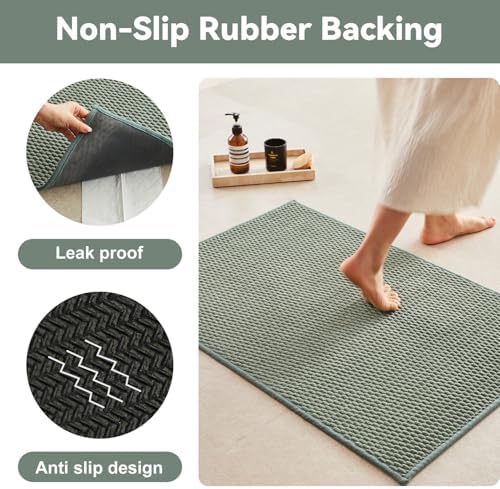 Triohero Bathroom Rugs Non Slip Washable, Super Absorbent Thin Bath Mat Quick Dry Low Pile Bathroom Rug, Sage Green 24"x36"