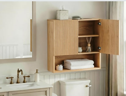 USHOWER Natural Bathroom Wall Cabinet with Fluted Doors & Open Shelf