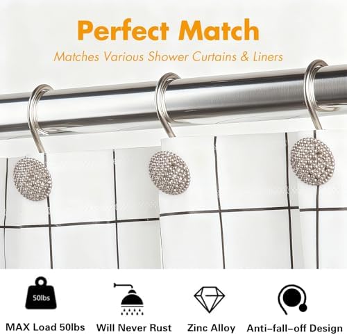 Pearlbee Nickel Shower Curtain Hooks,12pcs, Heavy Duty Rings for Shower Rod