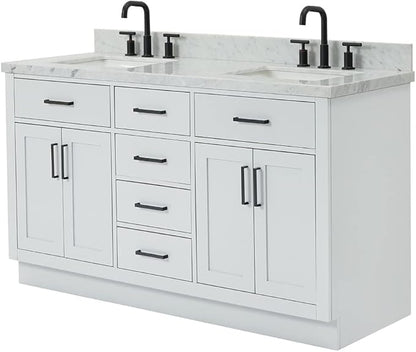 ARIEL Hepburn 60-inch Bathroom Vanity with Sink,Solid Wood, 1.5-inch Italian Carrara Marble Countertop, Double Rectangular Porcelain Sink, 4 Soft Closing Doors, 6 Dovetail Drawers, Grey