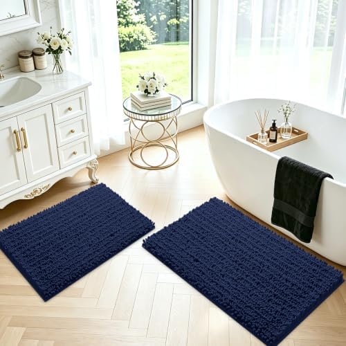 ACCUMTEK Upgrade Luxury 2 Piece Navy Blue Toilet Bathroom Rug Mat 32"x20"+24"x17", Ultra Soft Thick Absorbent Bath Mats, Non Slip Chenille Toilet Mat for Bathroom, Bedroom, Kitchen, Shower, Tub