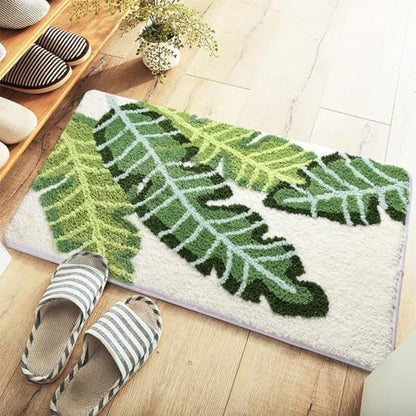 Leaves Bath Mat Green Area Rug Non-Slip Soft Absorbent Bathroom Rugs Machine Washable Bath Rug Floor Carpet Entryway Door Mat for Tub Shower Decor 17.5 X 25.5 Inches
