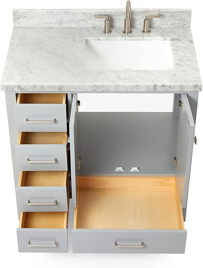 ARIEL Cambridge 36-inch Bathroom Vanity with Sink,Solid Wood, 1.5-inch Italian Carrara Marble Countertop, Single Rectangular Porcelain Sink, 2 Soft Closing Doors, 5 Dovetail Drawers, Grey