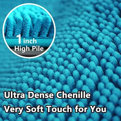 Bathroom Rugs Chenille 3-Piece Extra Soft and Absorbent Shag Bathroom Rugs, Machine Wash Mat, Strong PVC Non-Slip Underside, Plush Carpet Mats (Turquoise)