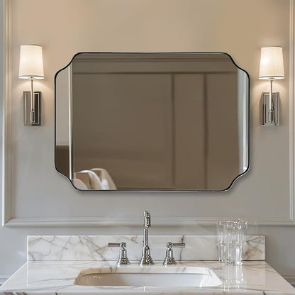 Chrome Bathroom Mirror, 30x40 Inch Polished Chrome Rectangle Mirror, Scalloped Mirror for Bathroom, Anti-Rust Stainless Steel Metal Frame 1’’, Unique Shape Ideal for Home Remodel