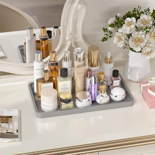 Weenson Bathroom Vanity Tray for Countertop Decor Perfume Makeup Toiletries Toilet Tank, Large Bamboo Kitchen Tray for Spice Salt, Serving Tray for Food Coffee, Nightstand Candle Silver 14.2”x8.3”