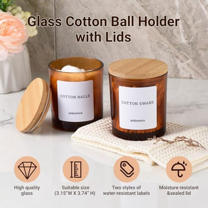 2 Pack Glass Qtip Holder Dispenser Set - Q Tip Holder for Bathroom Canister Qtip Dispenser with Lid for Cotton Balls, Swabs, Floss Picks, and Makeup Sponges ,Amber,Large Capacity