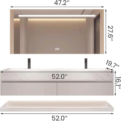 52" Double Sink Modern Bathroom Vanity Set with LED Mirror, Seamless Design with Ceramic Sink & Quartz Countertop, Paint-Free Multi-Layer Solid Wood Cabinet, Soft-Close Doors, White‌