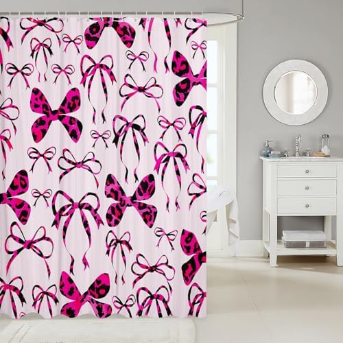 jejeloiu Cute Bowknot Shower Curtain for Bathroom Decor 72"x78" Pink Black Girls Bow Bath Curtain Kawaii Leopard Bathroom Accessories Waterproof Polyester Fabric for Stalls Bathtubs Princess Decor