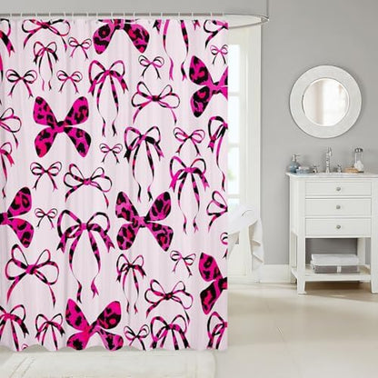 jejeloiu Cute Bowknot Shower Curtain for Bathroom Decor 72"x78" Pink Black Girls Bow Bath Curtain Kawaii Leopard Bathroom Accessories Waterproof Polyester Fabric for Stalls Bathtubs Princess Decor