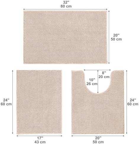 Urvoix Bathroom Rugs Sets 3 Piece, Non-Slip Chenille Bath Rug Set