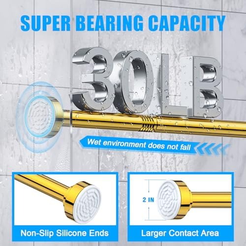 TEECK Shower Curtain Rod, 32-43 inch Adjustable Spring Tension Curtain Rod, Never Rust Anti-Slip Shower Curtain Rod for Bathroom, No Drilling, Never Collapse, Easy to Use, Gold