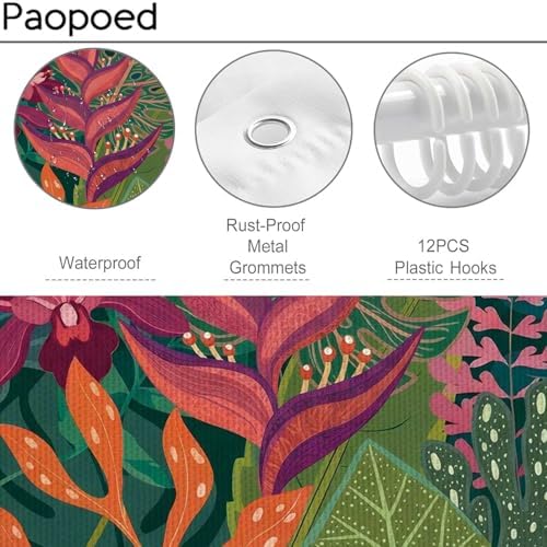 Tropical Floral Leaves Shower Curtain, Vibrant Jungle Botanical Design with Colorful Leaves, Polyester Fabric 72x72 Inches Includes 12 Hooks, Ideal Bathroom Décor for Nature Lovers