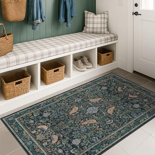 Vintage Large Entryway Rugs Indoor, 3x5 Washable Blue and Green Floral Rugs for Kitchen Floor, Bedroom Beside Bed, Non-Slip & Low Pile Stain Resistant Laundry Carpet with Plant & Bird Pattern