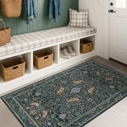 Vintage Large Entryway Rugs Indoor, 3x5 Washable Blue and Green Floral Rugs for Kitchen Floor, Bedroom Beside Bed, Non-Slip & Low Pile Stain Resistant Laundry Carpet with Plant & Bird Pattern