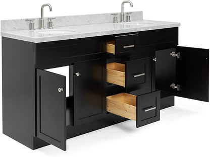 ARIEL Hamlet 72-inch Bathroom Vanity with Sink,Solid Wood, 1.5-inch Italian Carrara Marble Countertop, Double Rectangular Porcelain Sink, 4 Soft Closing Doors, 3 Dovetail Drawers, Black