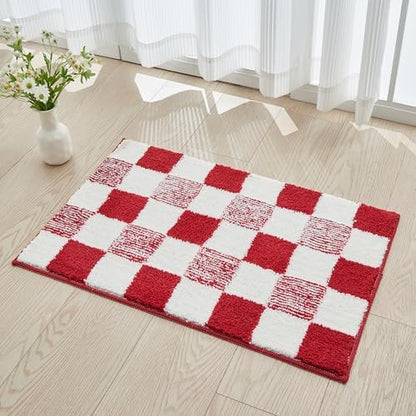 CozeCube Christmas Red Checkered Bath Mat 24"x16" Non Slip Washable Rug