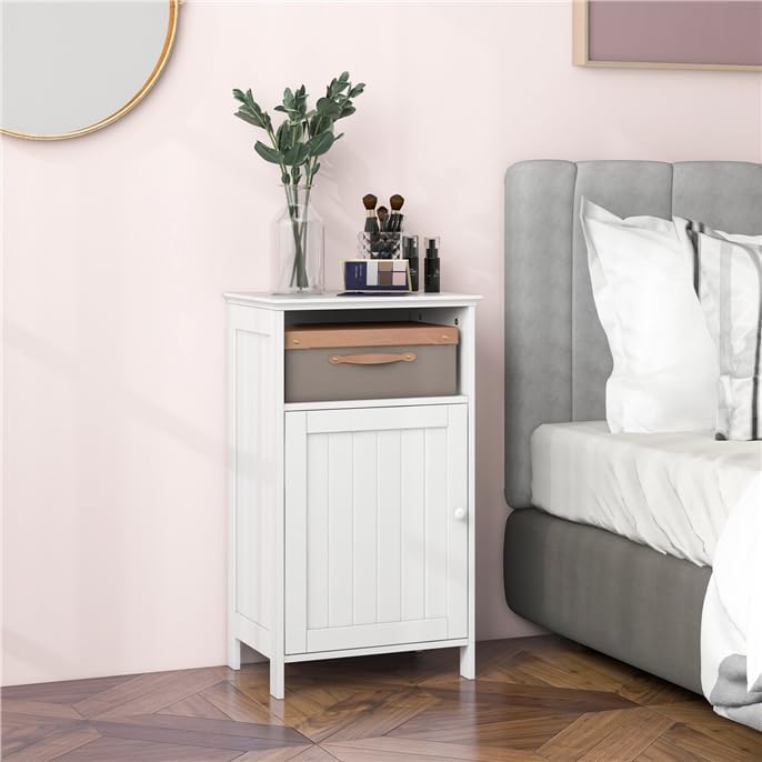 LDAILY Bathroom Cabinet, Freestanding Small Cabinet with Door, 3-Position Adjustable and Removable Shelf, Anti-Tipping Device, Wooden Floor Organizer for Bathroom, Kitchen, Office (White)