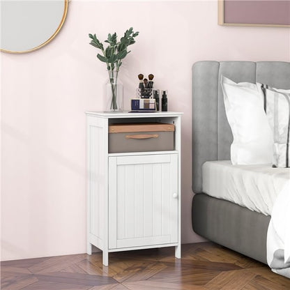 LDAILY Bathroom Cabinet, Freestanding Small Cabinet with Door, 3-Position Adjustable and Removable Shelf, Anti-Tipping Device, Wooden Floor Organizer for Bathroom, Kitchen, Office (White)
