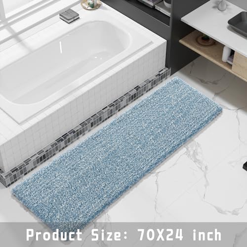 Yimobra Luxury Bathroom Rugs, Fluffy Bath Mats, Non Slip, Water Absorbent Microfiber, Machine Washable, Plush Runner Shower Rugs, Thick Matts for Bathroom Floor&Tub, 70" X 24", Denim Blue and White