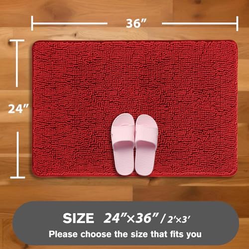 Red Bathroom Rugs – Absorbent and Washable Bath Mat, Non-Slip, Thick Soft Chenille Bath Rugs for Bathroom Floor, Shower, Sink - 24" x 36"