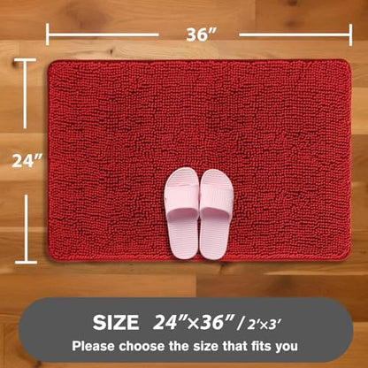 Red Bathroom Rugs – Absorbent and Washable Bath Mat, Non-Slip, Thick Soft Chenille Bath Rugs for Bathroom Floor, Shower, Sink - 24" x 36"