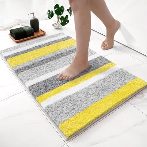 MIULEE Yellow Grey Bathroom Rug 24x36 Inch, Soft Thick Microfiber Striped Bath Mat, Non Slip Fluffy Plush Machine Washable Quick Dry for Bathroom Decor, Floor Tub and Shower