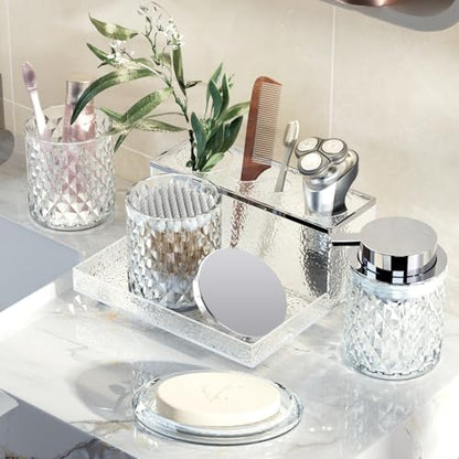 Glass Bathroom Accessories Set 5Pcs Crystal Clear- Foaming Soap Dispenser, Soap Dish, Cup, Acrylic Toothbrush Holder with Tray Organizer, Cotton Swab Jar, Bathroom Counter Set Sink Decor
