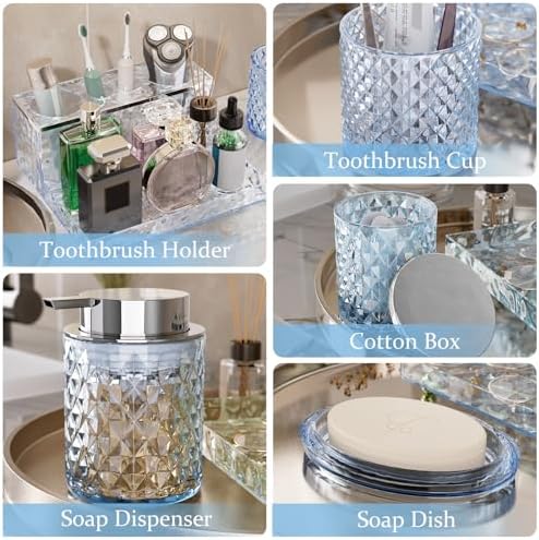 Glass Bathroom Accessories Set 5Pcs Crystal Blue - Foaming Soap Dispenser, Soap Dish, Cup, Acrylic Toothbrush Holder with Tray Organizer, Cotton Swab Jar, Bathroom Counter Set Sink Decor