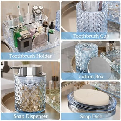 Glass Bathroom Accessories Set 5Pcs Crystal Blue - Foaming Soap Dispenser, Soap Dish, Cup, Acrylic Toothbrush Holder with Tray Organizer, Cotton Swab Jar, Bathroom Counter Set Sink Decor